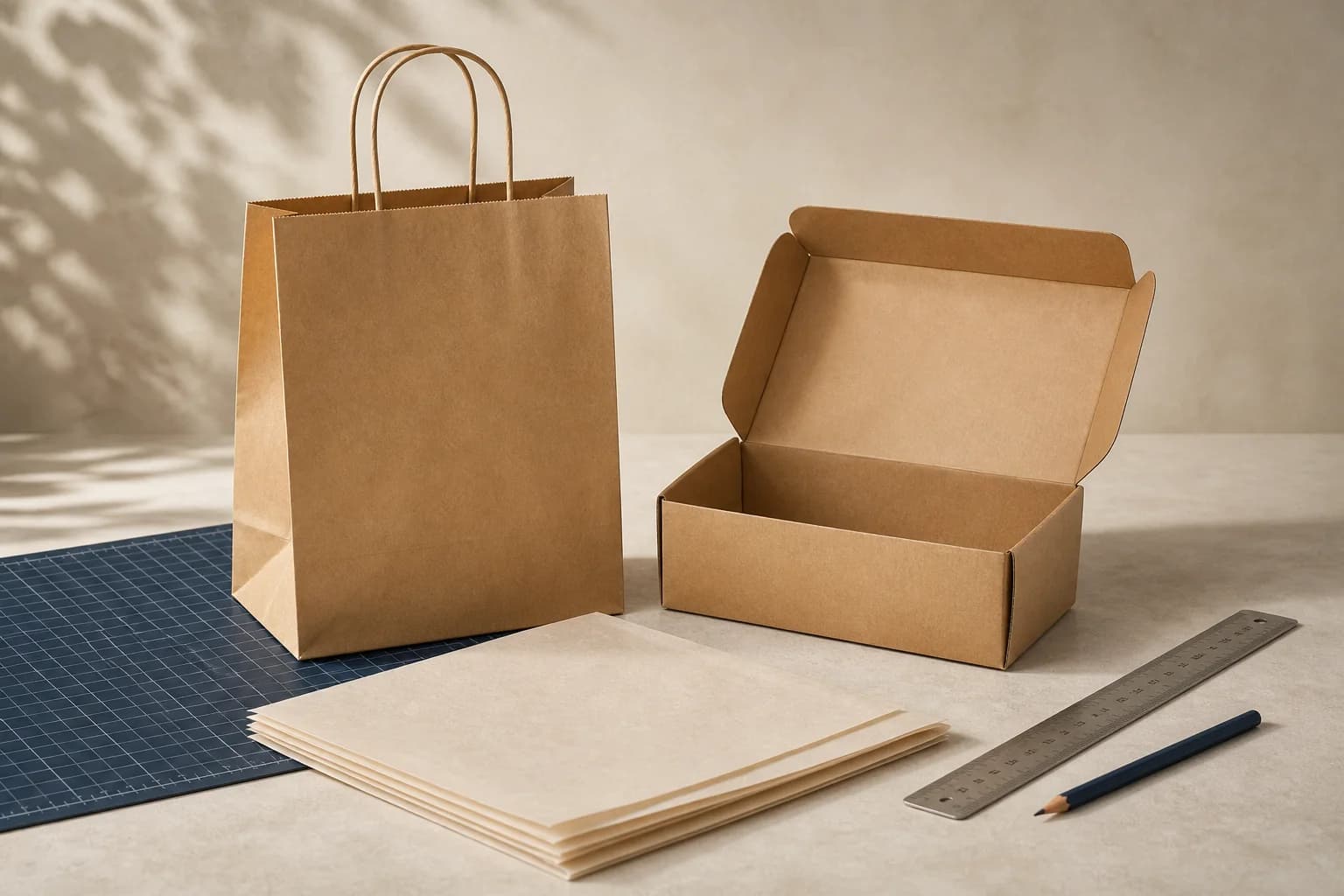 Muestra de bolsa, caja y hojas cortadas para definir una cotización